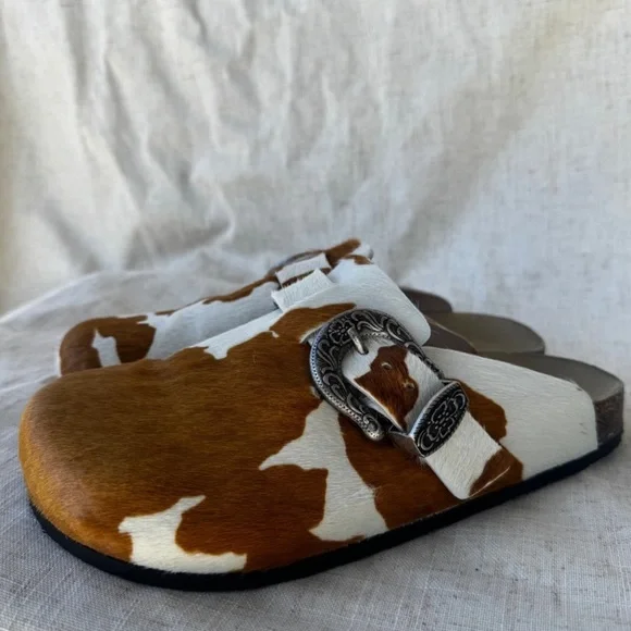 Brother Vellies The Greg Cow Print Brown and White Mules - Picture 3 of 8